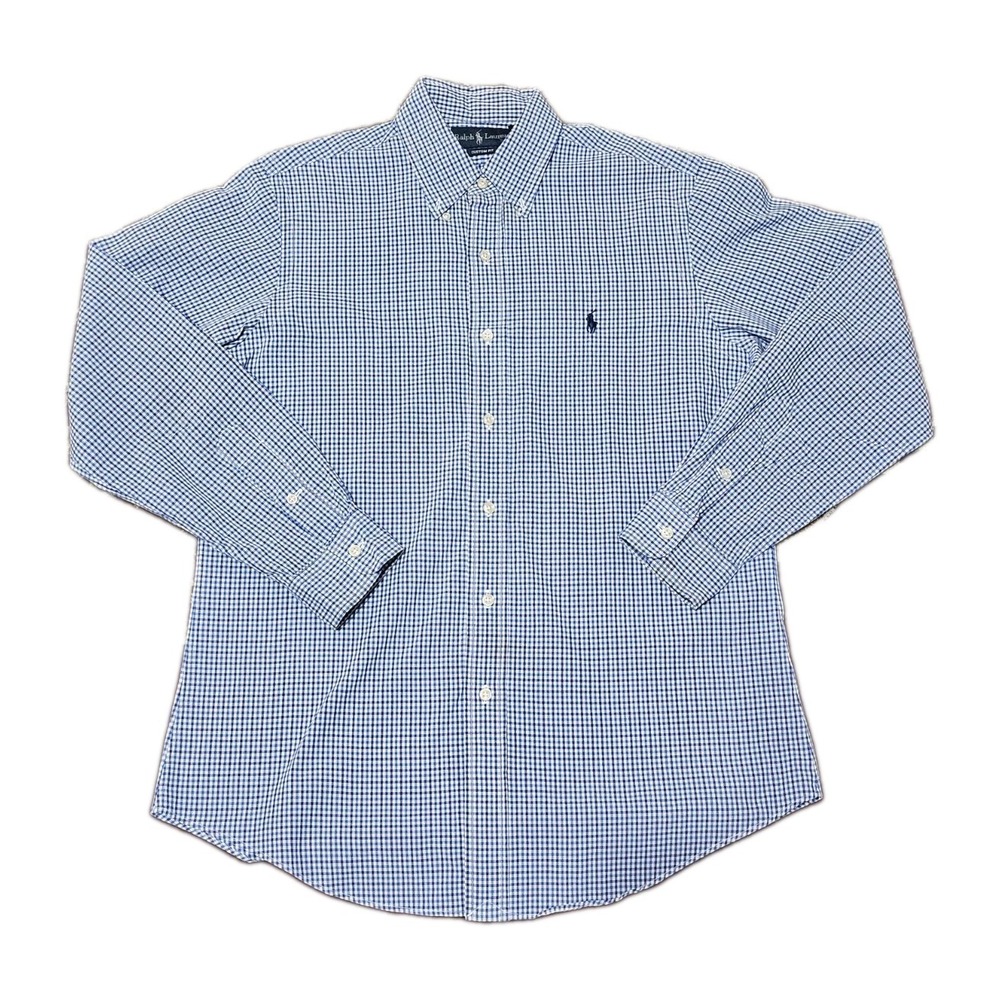 Ralph Lauren Button Down Shirt Mens Medium Blue White Gingham Slim Fit Cotton